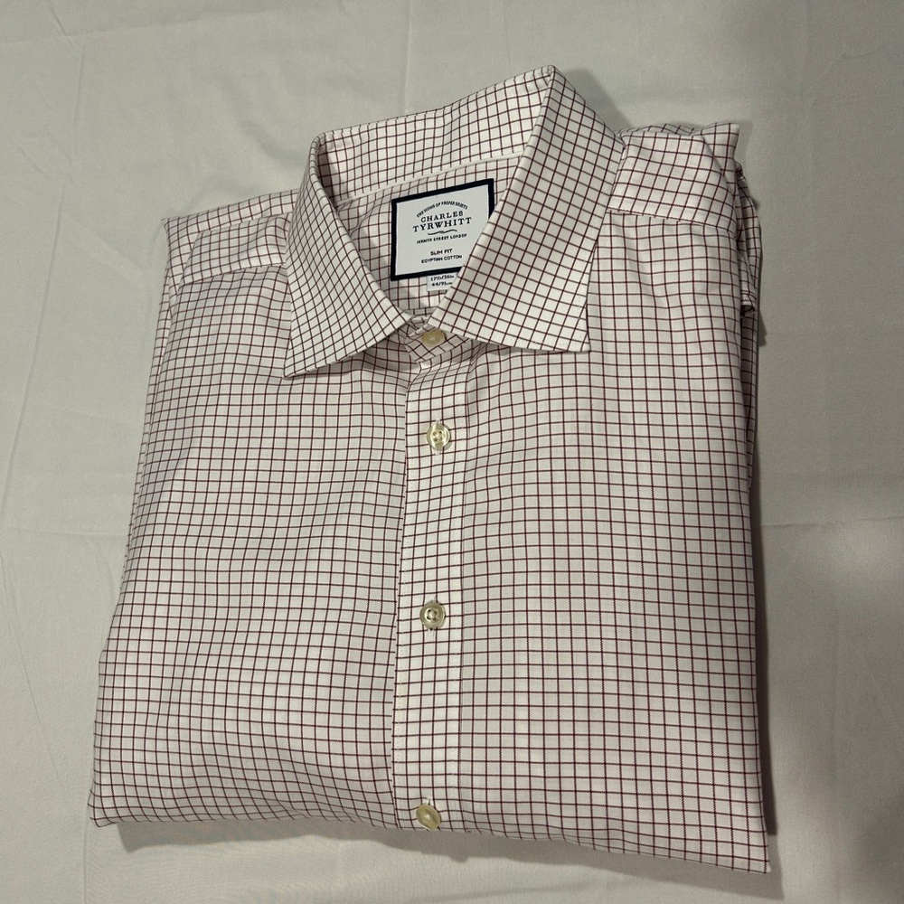 Charles Tyrwhitt Men's White and Red Checkered Dress Shirt Egyptian cotton